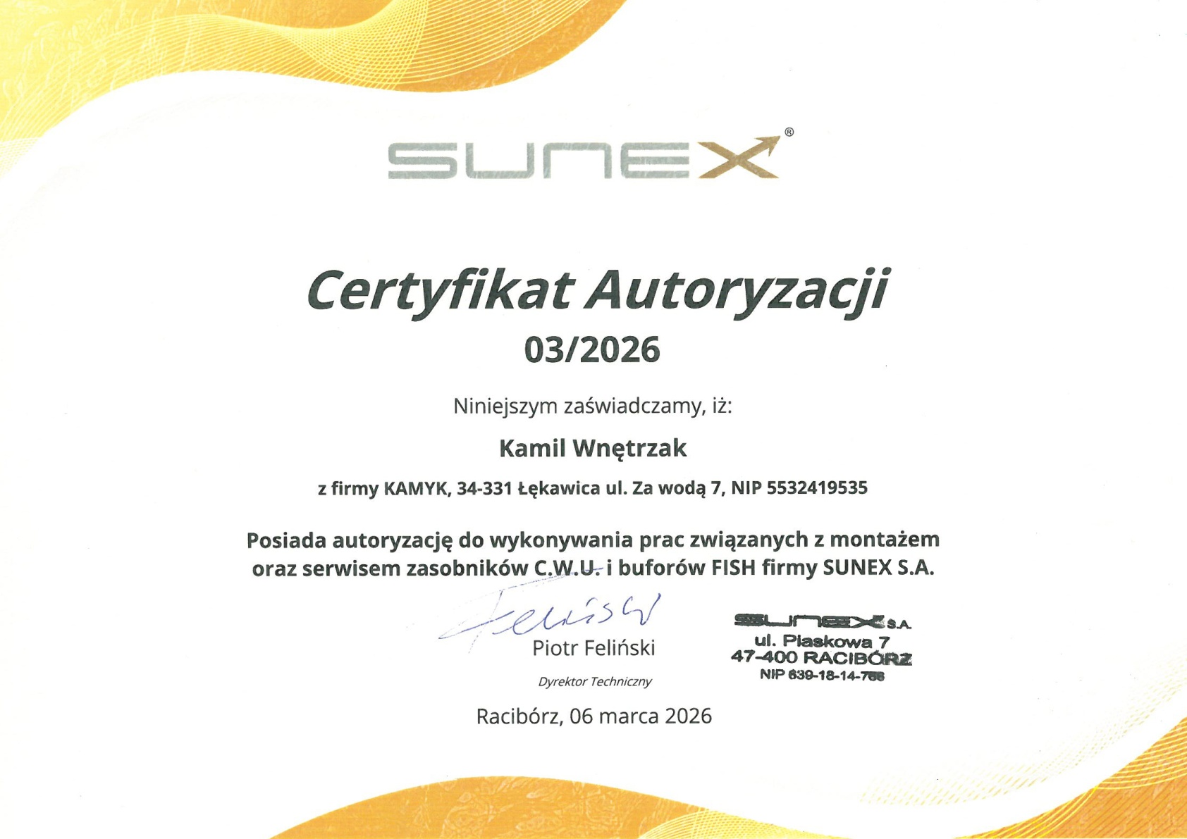 Certyfikat SUNEX