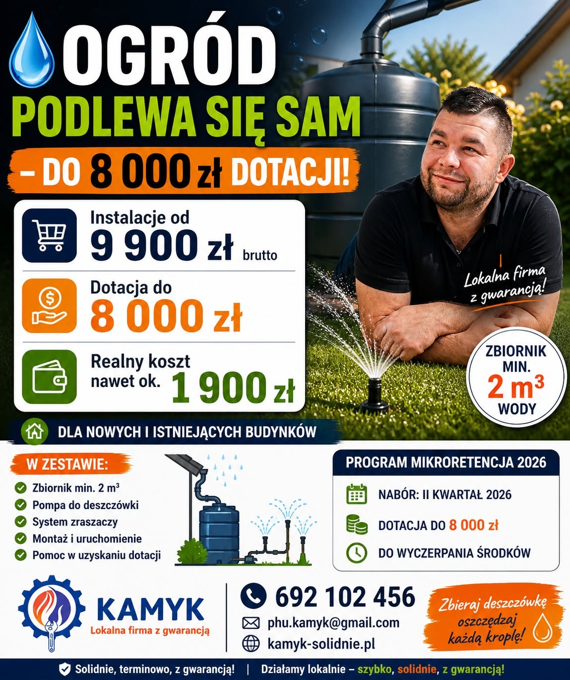 Plakat przedstawiający ogród z automatycznym systemem podlewania