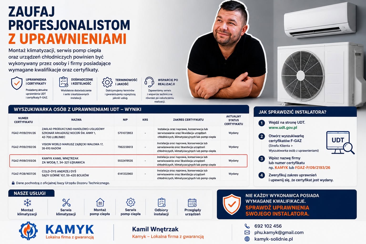 Plakat przedstawiający certyfikat F-GAZ oraz uprawnienia UDT firmy KAMYK